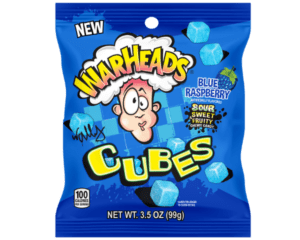 WARHEADS BLUE RASPBERRY CUBES PEG BAG 99G X 12 PACK